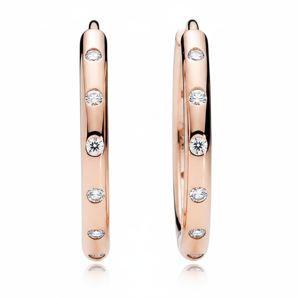 White Zircon Rose Gold Huggie Hoop Earrings – Both Front Facing White Background