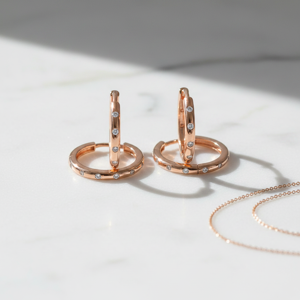 White Zircon Rose Gold Huggie Hoop Earrings – Natural Light Lifestyle