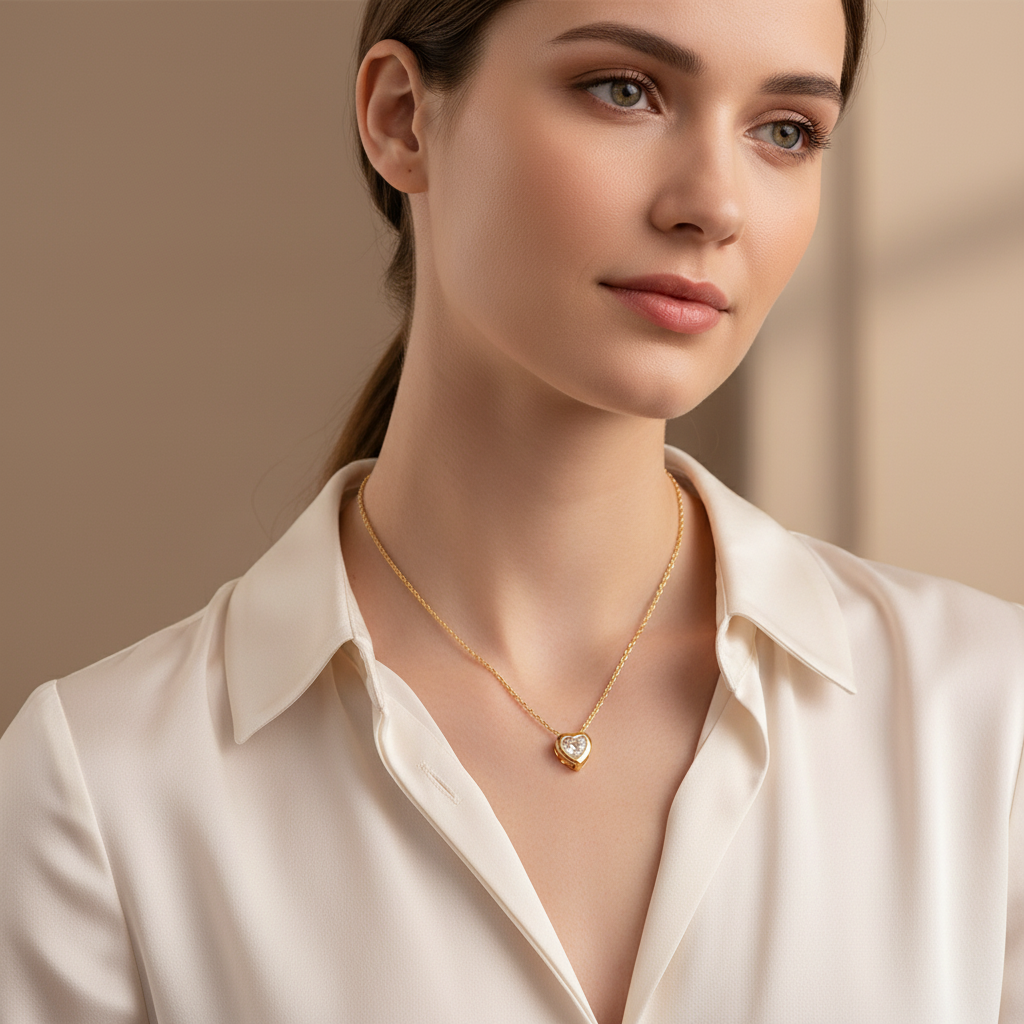 Woman wearing gold necklace with white heart pendant
