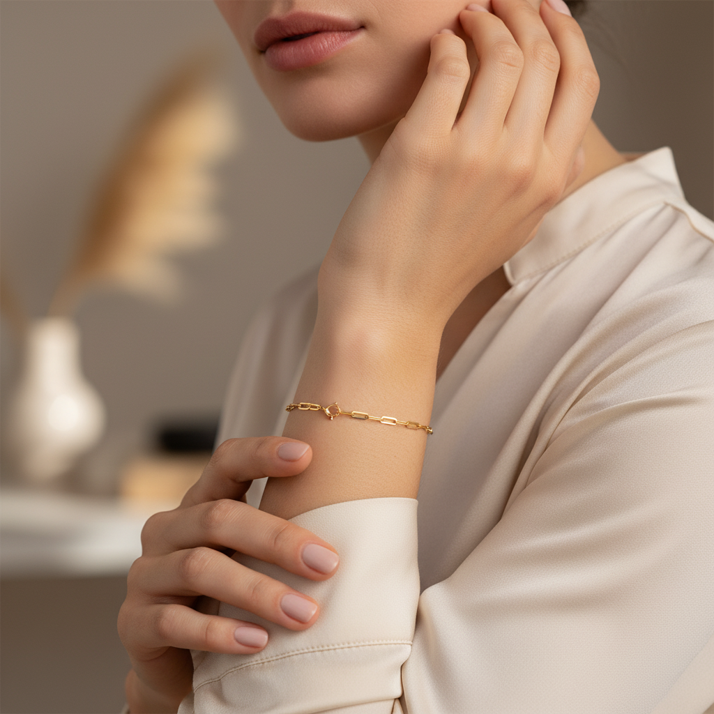 Woman wearing gold paperclip bracelet - square format