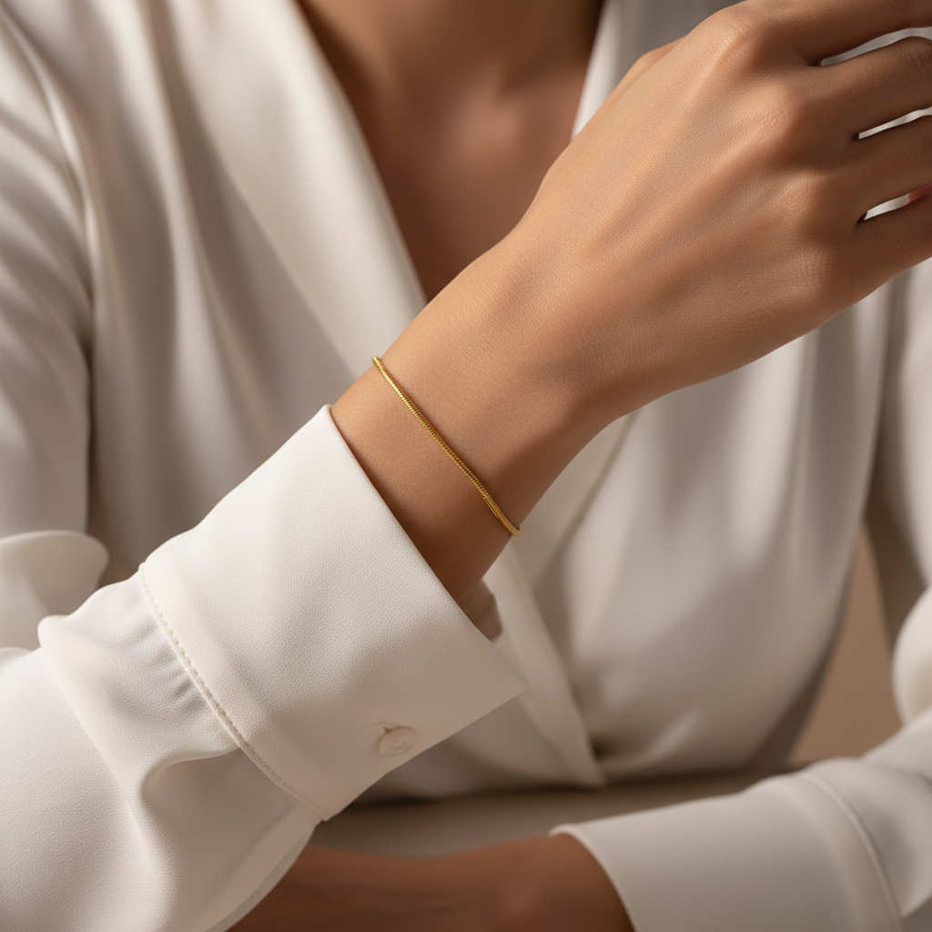 Woman wearing gold snake chain bracelet