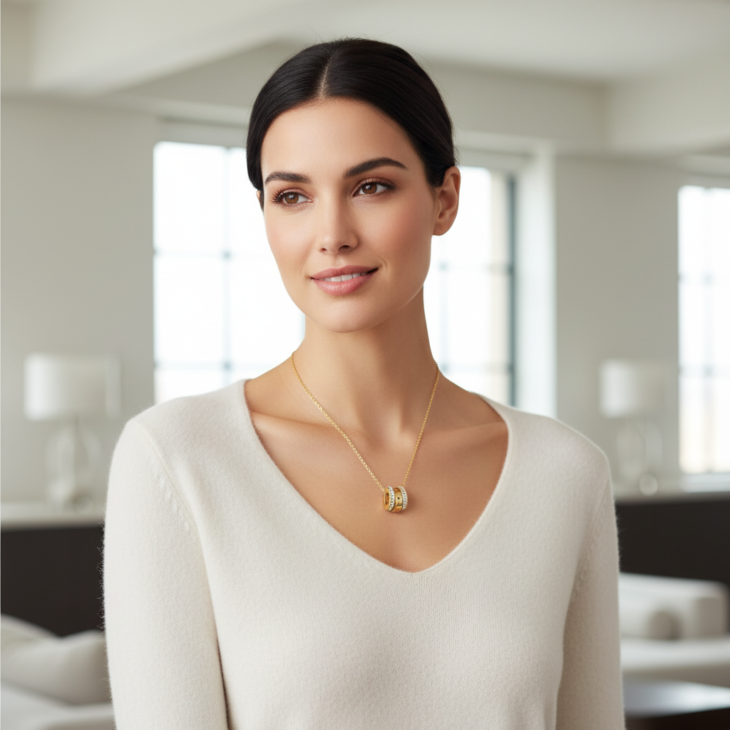 Woman wearing three-ring pendant necklace