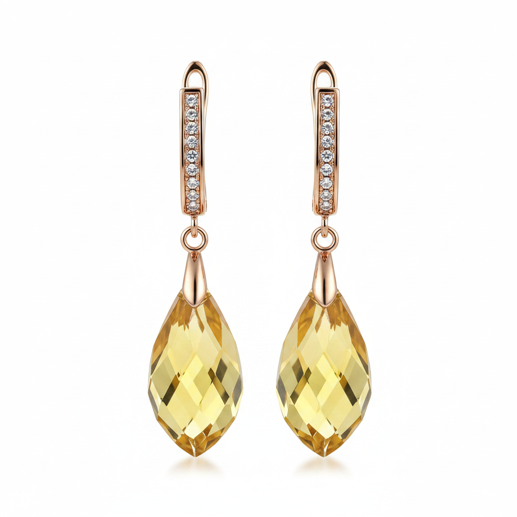 Yellow Citrine Rose Gold Drop Earrings – Front Facing Horizontal White Background