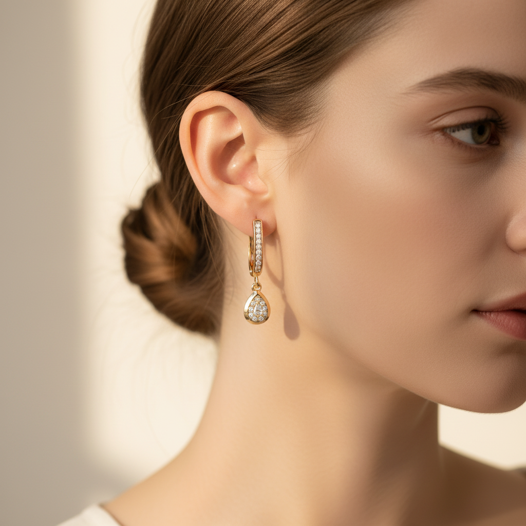Yellow Gold Studded Teardrop Earrings — Lifestyle